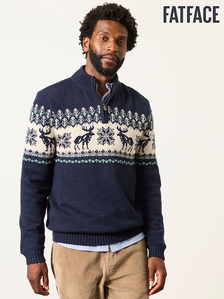 Navy - Regular Fatface Moose Quarter Zip Christmas Jumper