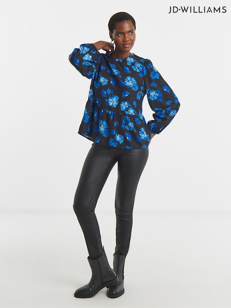 JD Williams Blue Printed Long Sleeve Peplum Top (G78299) | £27