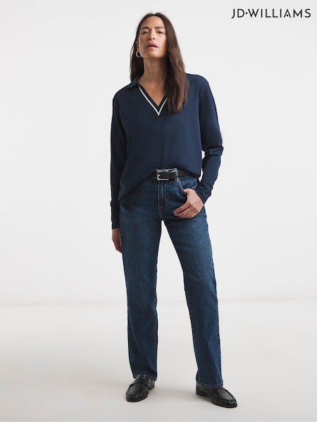 JD Williams Blue V-Neck Contrast Long Sleeve Top (G78307) | £28