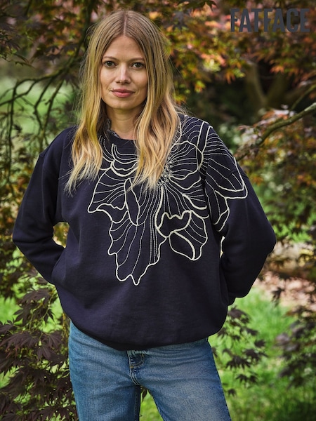 Navy - Fatface Flower Embroidery Crew Sweat Top