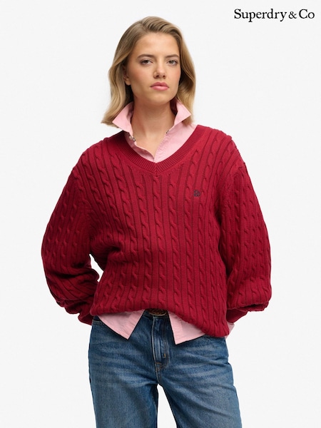 Superdry Red Oversized V-Neck Cable Jumper (G78588) | £45