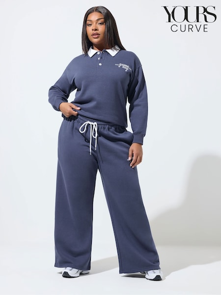 Yours Curve Blue Limited Game Day Embroidered Joggers (G78783) | £29