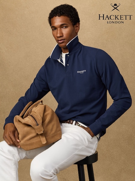 Hackett Blue Heritage Pique Long Sleeve Polo Shirt (G78976) | £110