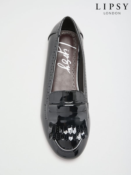 Black - Lipsy Faux Patent Leather Fringe Flat Slim Slip On Workwear Loafers