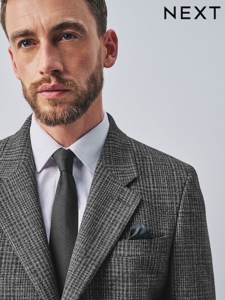 Charcoal Grey - Regular Slim Fit Check Boucle Texture Suit Jacket