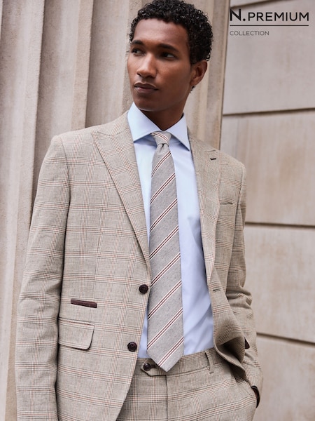 Tan Brown - Regular N. Premium Slim Fit Wool Blend Check Suit Jacket
