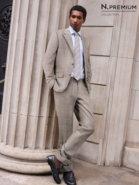 Tan Brown - Regular N. Premium Slim Fit Wool Blend Check Suit Trousers