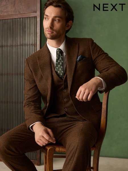 Rust Brown - Regular Slim Fit Nova Fides Italian Wool Blend Trimmed Herringbone Suit Jacket