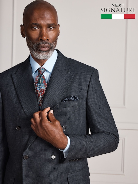 Navy - Regular Signature Double Breasted Tailored Fit Motionflex Stretch Tollegno Italian Wool Rich Textured Suit Jacket