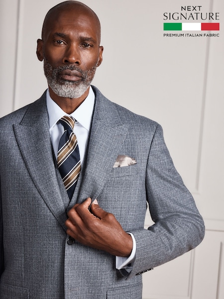 Grey - Regular Signature Regular Fit Tollegno Italian Wool Cashmere Blend Textured Suit Jacket