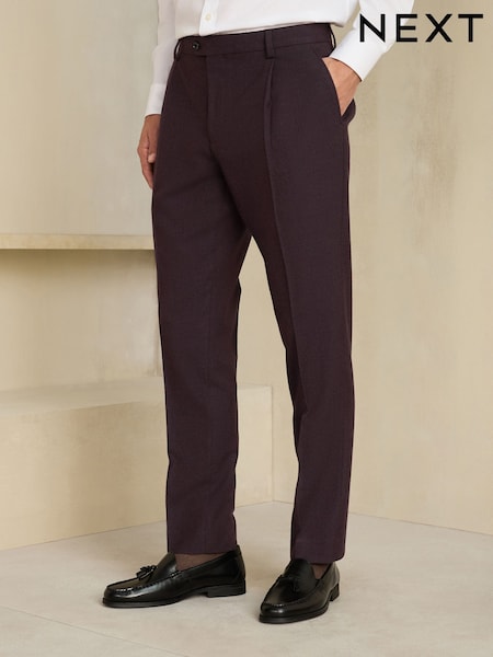 Burgundy Red - Slim Fit Wool Blend Flannel Suit Trousers