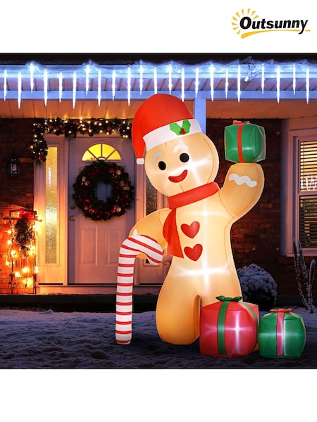 Outsunny 8ft Inflatable Gingerbread Man With Candy Cane And Three Gift Bags Outdoor Decoration