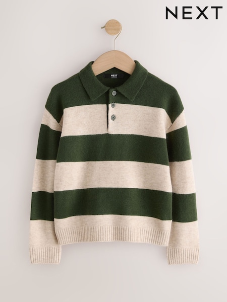 Green/Ecru - Stripe Knitted Rugby Polo Shirt (3-16yrs)