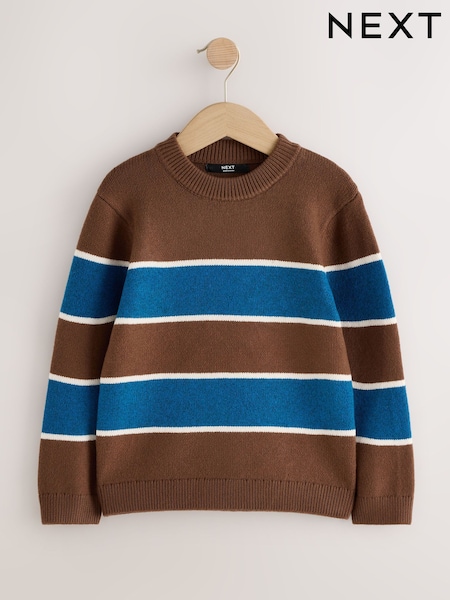 Blue/Brown - Stripe Knitted Crew Neck Jumper (3-16yrs)