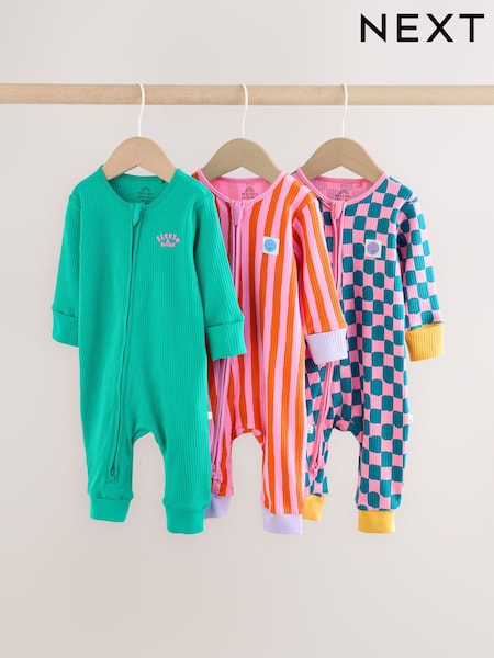 Pink/Blue Checkerboard - Two Way Zip Baby Sleepsuits 3 Pack (0mths-3yrs)