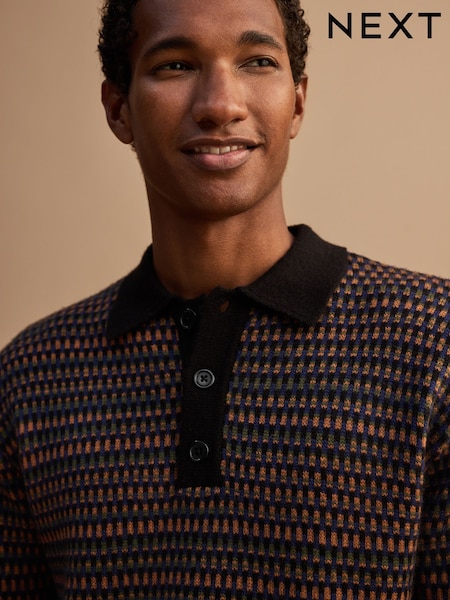 Navy Blue Geo - Regular Cosy Knit Polo Shirt With Wool
