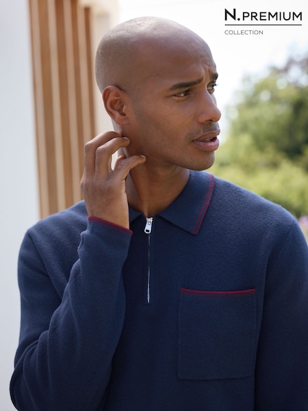 Navy Blue - Regular N. Premium Tipped Long Sleeve Knitted Zip Neck Polo Shirt