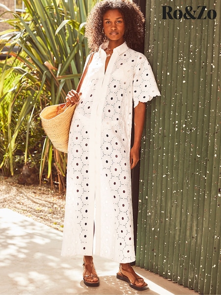 Ro&Zo White Petite Broderie Scallop Sleeve Shirt Dress (G80247) | £139