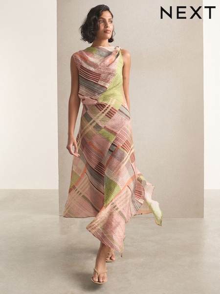 Green/Pink Stripe - Ruched Shoulder Hardware Hanky Hem Midi Dress