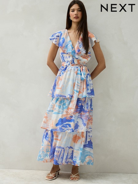 Blue/Orange Scene Print - Occasion Ruffle V-neck Midi Dress
