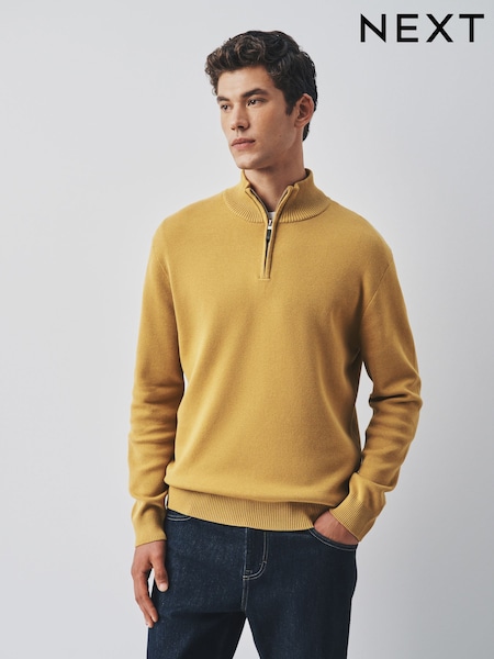 Ochre Yellow - Regular Cotton Blend Quarter Zip Jumper