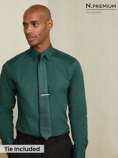 Green - Regular N. Premium Cotton Stretch Shirt And Tonal Tie And Tie Clip Set