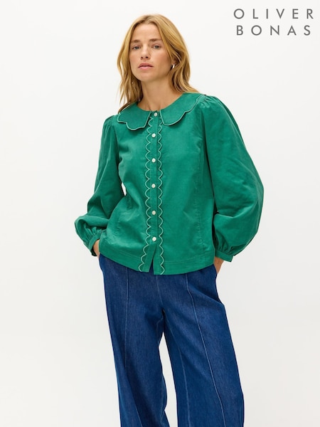 Oliver Bonas Green Scalloped Button Up Collar Shirt (G80759) | £60