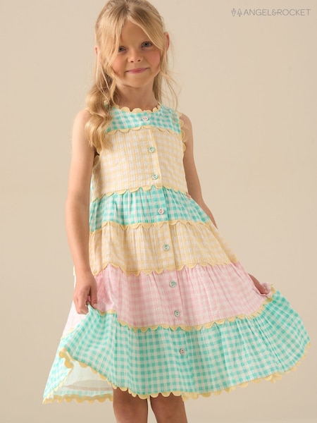 Angel & Rocket Yellow Ginny Pastel Gingham Bow Waist Dress (G80829) | £36 - £40