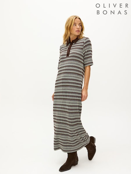 Oliver Bonas Brown Checked Jacquard Polo Midi Dress (G80980) | £75