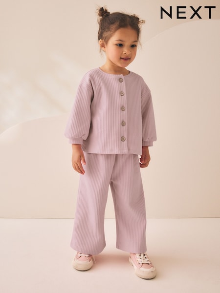 Pink - Ribbed Raglan Cardigan And Wide Leg Trousers Set (3mths-7yrs)