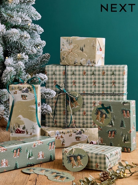 Set Of 3 Christmas Wrapping Paper Gift Tags And Ribbons Set