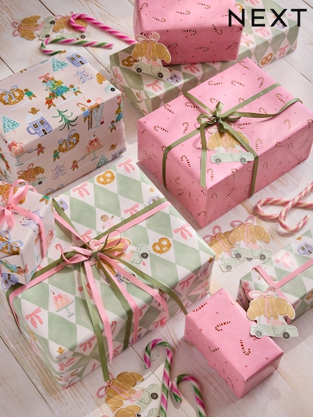 Set Of 3 Christmas Wrapping Paper Gift Tags And Ribbons Set