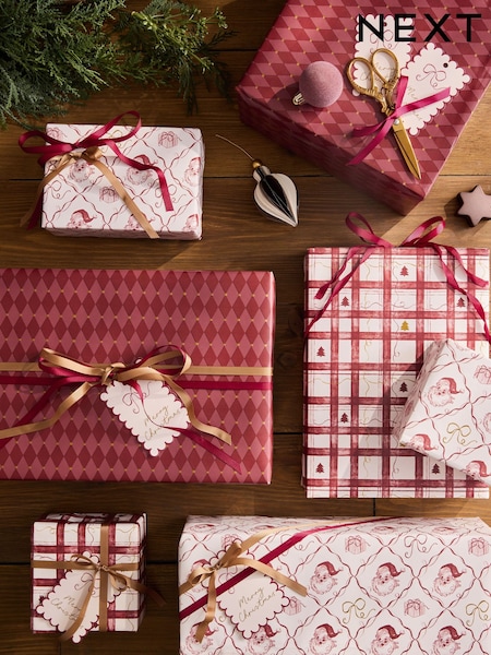 Set Of 3 Christmas Wrapping Paper Gift Tags And Ribbons Set