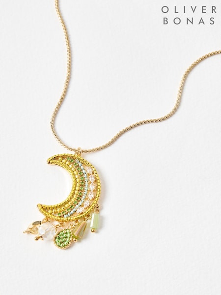 Oliver Bonas Black Julie Beaded Moon & Charm Statement Pendant Necklace (G81182) | £28