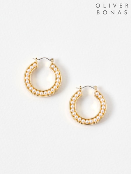 Oliver Bonas Gold Tone Greer Faux Pearl Inlay Hoop Earrings (G81186) | £18