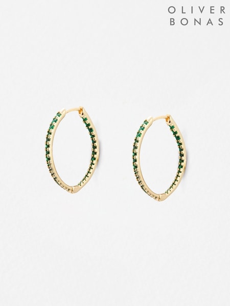 Oliver Bonas Green Ellery Stone Gold Toned Hoop Earrings (G81203) | £18