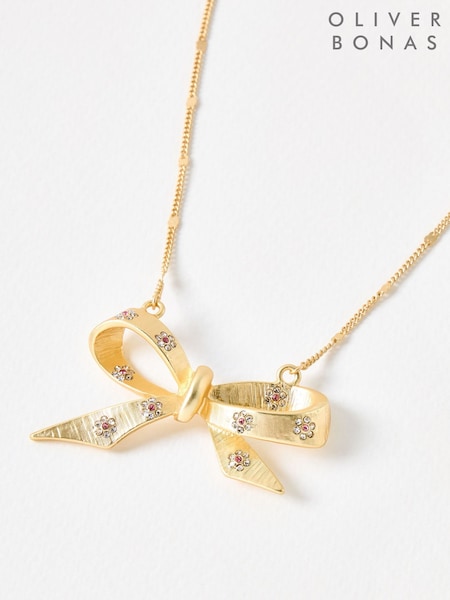 Oliver Bonas Gold Tone Holland Embellished Bow Pendant Necklace (G81207) | £26