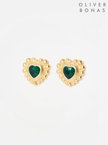 Oliver Bonas Green Everly Stone Large Heart Stud Earrings (G81210) | £19.50