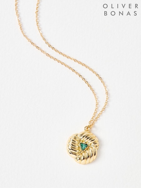 Oliver Bonas Green Lima Stone Textured Gold Toned Pendant Necklace (G81233) | £24