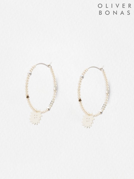 Oliver Bonas Silver Tone Brilla Sunshine Faux Pearl Hoop Earrings (G81234) | £18