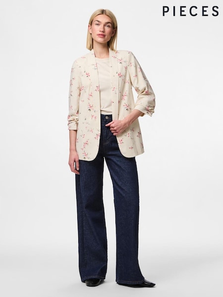 PIECES White 3/4 Sleeve Printed Blazer (G81335) | £44