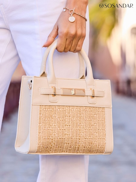Sosandar White Raffia Small Tote Bag With Cross-Body Strap (G81442) | £45