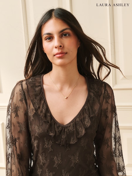Brown - Ruffle V-neck Lace Coord Blouse