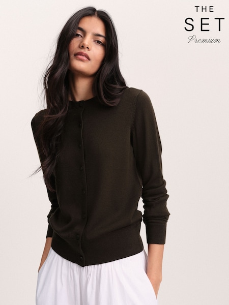 Khaki Green - The Set Premium Crew Neck Long Sleeve Merino Cardigan