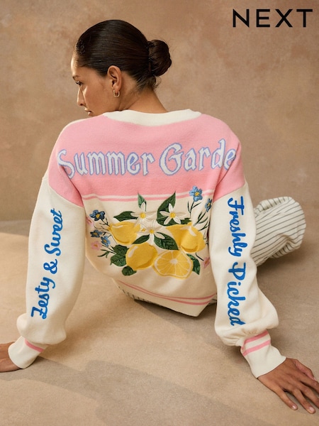 Ecru/ Pink - Lemon Graphic Knit Look Sweatshirt