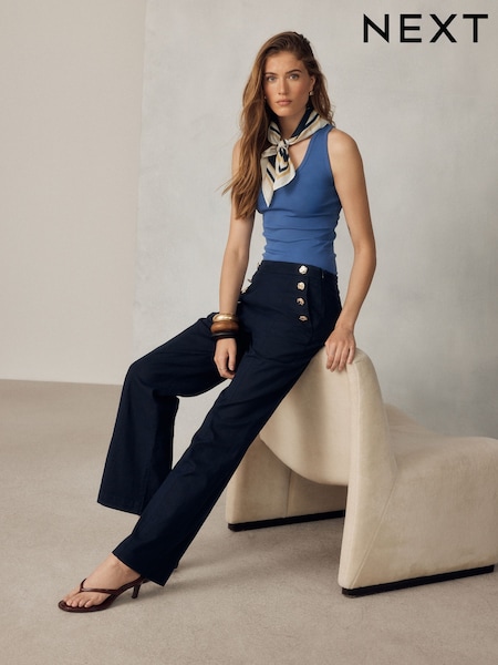 Navy Blue - Linen Rich Wide Leg Trousers With Gold Buttons