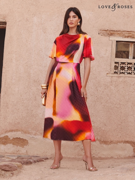 Pink - Love & Roses Ombre Satin Drape Neck Midi Dress