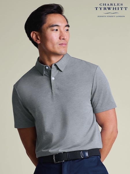 Charles Tyrwhitt Grey Short Sleeve White Performance Long Sleeve Jersey Polo Shirt (G82938) | £60