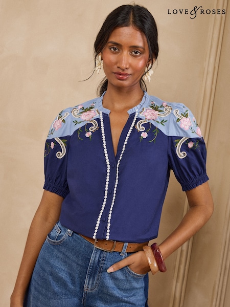 Navy - Love & Roses Two Tone Embroidered Blouse