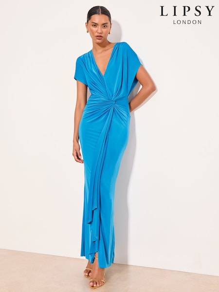 Blue - Lipsy V-neck Ruched Detail Knot Maxi Dress